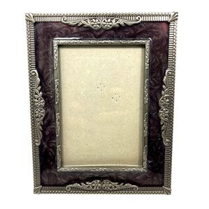 Vtg Scroll Paisley Floral Metal Picture Photo Frame 3.5X5" Marble Purple Enamel
